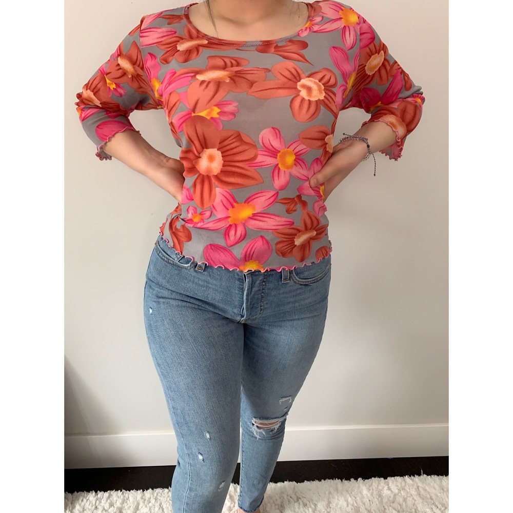 VINTAGE 90s early 00s mesh floral print top